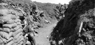 Australian troops in a captured trench of the Hindenburg line at Bullecourt – with permission from the Australian War Memorial site