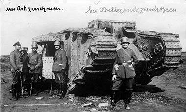 German officers and soldiers next to a destroyed British Mark IV tank at Bullecourt, 1917 – with permission from the German Bundesarchiv - Bild 146-1984-059-06A - Photographer o. Ang German officers and soldiers next to a destroyed British Mark IV tank at Bullecourt, 1917 – with permission from the German Bundesarchiv - Bild 146-1984-059-06A - Photographer o. Ang