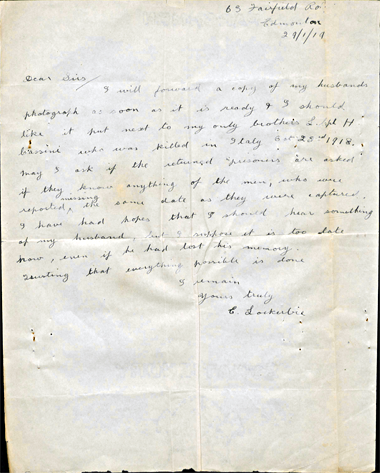 Andrew's wife's letter to the War Office Andrew's wife's letter to the War Office