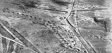 An aerial photo of the Hindenburg Lines at Bullecourt, taken in 1920