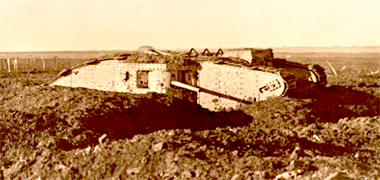 The British Mark II Male Tank 796, knocked out at Bullecourt – image developed from a screenshot of a BBC programme