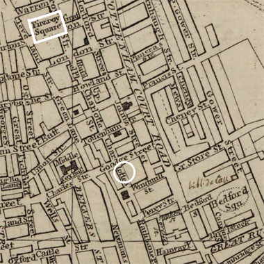 The location of 24 Charlotte Street and Fitzroy Square on Harris’ plan of 1797 - Public Domain