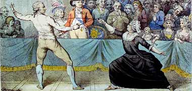 A satirical engraving illustrating a fencing match at the Carlton Club between Monsieur de Saint George and the Chevalier d’Éon de Beaumont in the presence of the Prince of Wales – Courtesy of Wikipedia