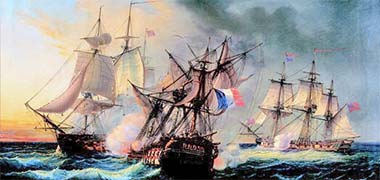 Battle between the French warship Droits de l’Homme and the frigates HMS Amazon and Indefatigable, 13 & 14 January 1797 – Courtesy of Wikipedia