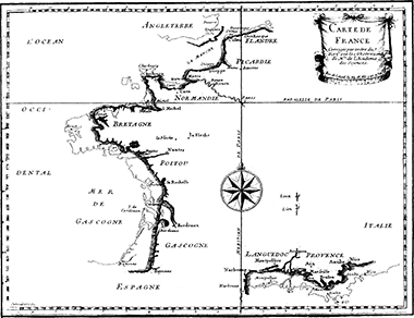 A map of France, produced in 1682 and illustrating differences between previous maps – courtesy of French Wikipedia