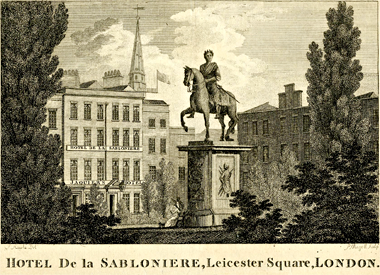 An image of the Sablonière hotel in London’s Leicester Square – courtesy of The Trustees of the British Museum. Shared under a Creative Commons Attribution-NonCommercial-ShareAlike 4.0 International (CC BY-NC-SA 4.0) licence.