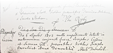The manuscript record of the marriage between Josephus Cassini and Susanna Gill on the 6th April 1802