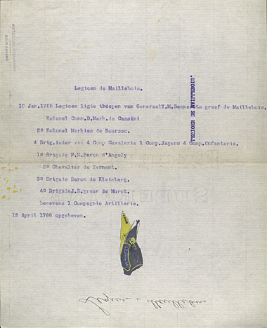 The Legion de Maillebois, the reverse of a paper illustrating the uniform