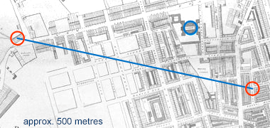An illustration of the distance between where Joseph and Susanna lived to where Mme de Cassini stayed
