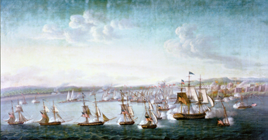 A US Navy expedition under Commodore Edward Preble engaging gunboats and fortifications in Tripoli, 1804 – courtesy of Wikimedia