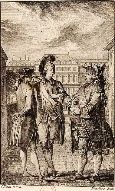 Pezay in the uniform of a Dragoon with Claude Joseph Dorat, the writer, on the left – with persmission from the Bibliothèque dauphinoise
