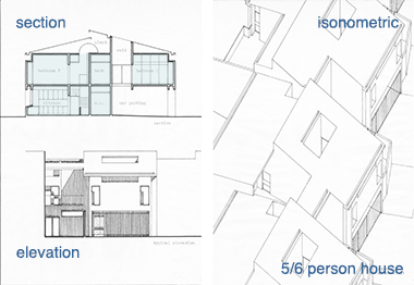 Notional elevation, section and isometric for two-storey housing suited to expatriates