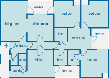 Detail part plan of the Government Intermediate Staff apartments in Umm Said – three-bedroom unit