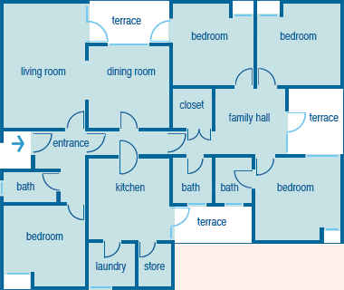 Detail part plan of the Government Intermediate Staff apartments in Umm Said – four-bedroom unit
