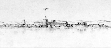 Sketch from the sea of the elevation at Bidda and Doha – courtesy of The British Library, ‘Trigonometrical plan of the harbour of El Biddah on the Arabian side of the Persian Gulf. By Lieuts. J. M. Guy and G. B. Brucks, H. C. Marine. Drawn by Lieut. M. Houghton’ IOR/X/3694