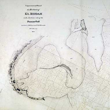 The ‘Trigonometrical plan of the harbour of El Biddah on the Arabian side of the Persian Gulf. By Lieuts. J. M. Guy and G. B. Brucks, H. C. Marine. Drawn by Lieut. M. Houghton’. IOR/X/3694 – courtesy of The British Library