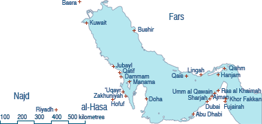 A simplified map of locations in the Persian / Arabian Gulf