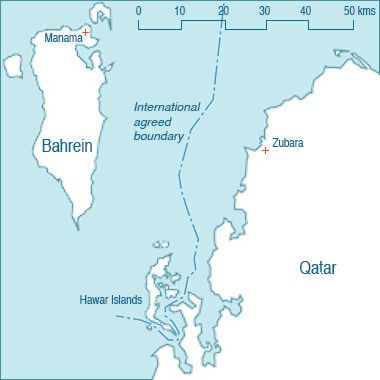 A sketch map locating the Hawar Islands in relation to Qatar and Bahrain