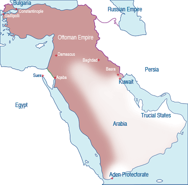 A rough map showing the extent and influence of the Ottoman Empire in 1914
