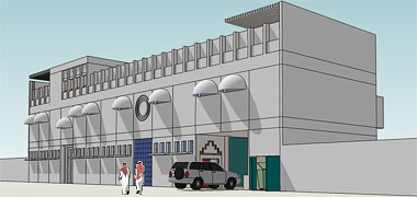 Detail of front showing vehicular entrance and servicing point