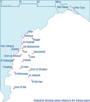 A map of the Zubara region provided to the International Court of Justice in 2000 by representatives of Bahrain