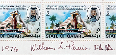 William L. Pereira's autograph on a sheet of 5 Dirham stamps