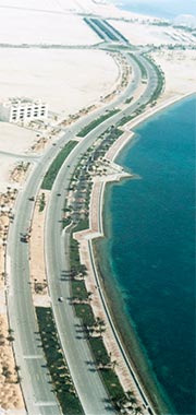 An aerial view of the Corniche under construction in February 1986