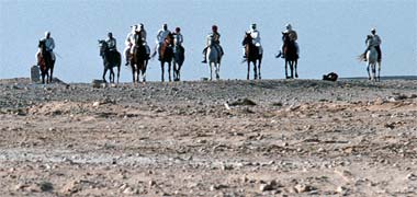 Qatari horsemen in the desert, February 1973