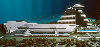 View south-east of a model of the planned Hotel and Conference Centre on the New District of Doha