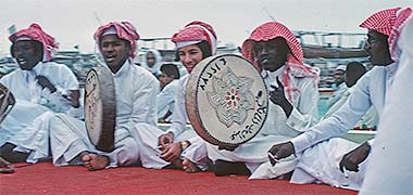 Musicians on a float in the 1980s