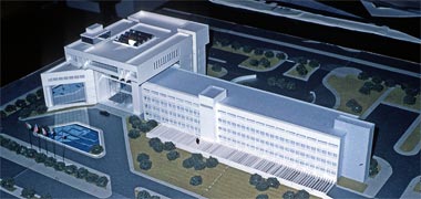 Aerial view of the model for the Ministry of Finance extension, June 1980, from the north-west