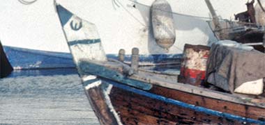 The prow of a small craft painted with the crescent and star motif