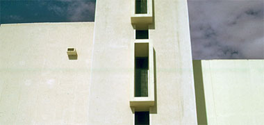 A detail of windows to the stair towers in the Qatar National Television building