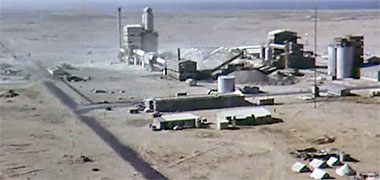 An aerial view, looking approximately south-west, of the cement plant at Umm Bab, 1968 – image developed from a video with permission from glasney on YouTube