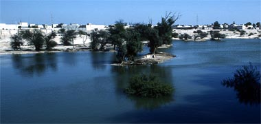 The filled reservoir at Umm Salal Muhammad looking east