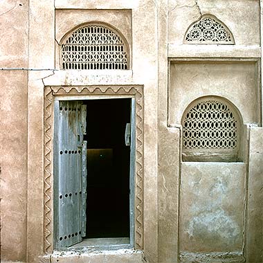 Carved naqsh ventilation panels in an old Wakra building