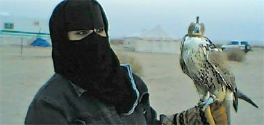 A woman carrying a hawk