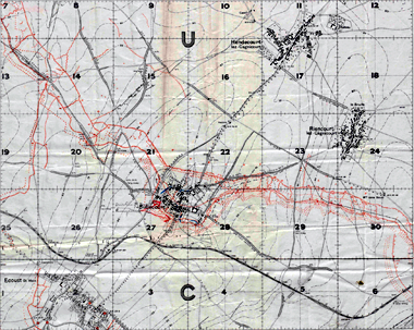 Annotated map of 3 May 1917 attack on Bullecourt from 22 Infantry Brigade war diary – original image with National Archives ref: WO95/1661/3