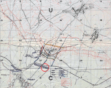 Annotated map of 3 May 1917 attack on Bullecourt from 22 Infantry Brigade war diary – original image with National Archives ref: WO95/1661/3, and with permission from Westernfrontfootsteps