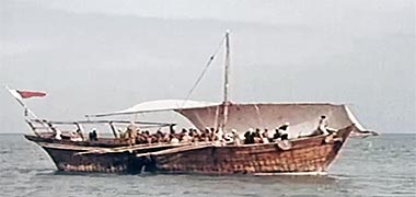 A pearling dhow at sea with oars shipped – developed from a video on YouTube