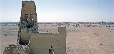 Looking from one of the ruined Barzan towers to the other at Umm Salal Muhammad