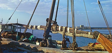 The deck of a boom showing its mainyard