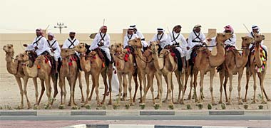 A line of camels and their riders