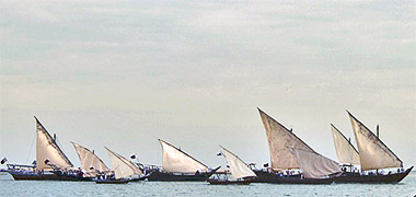 A fleet of traditionally sailed dhows in Doha Bay on National Day