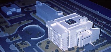 Aerial view of the model for the Ministry of Finance extension, June 1980, from the south-east