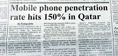Newspaper headline on mobile penetration of the Qatari market