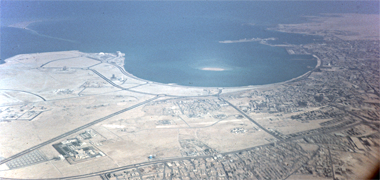 An aerial view, looking south-east over Doha and the West Bay